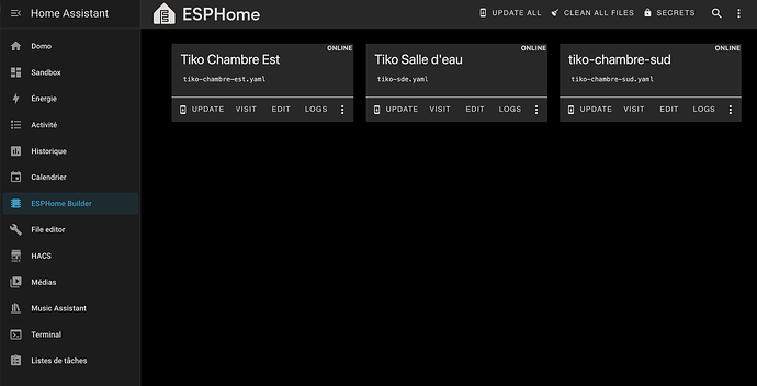 En haut à droite "Secrets" qui contient les codes wifi utilisés pour tous les esp